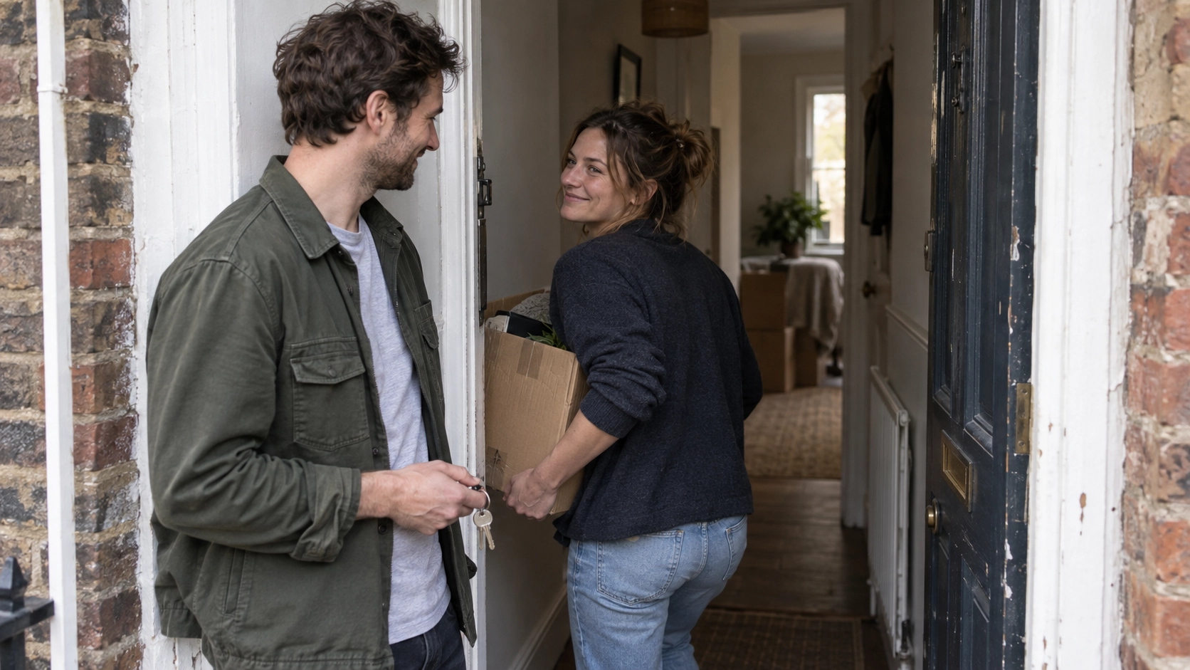 woman moving in to a new house holding a moving in box. a man is standing next to her holding the keys for the new house wearing a green jacket.