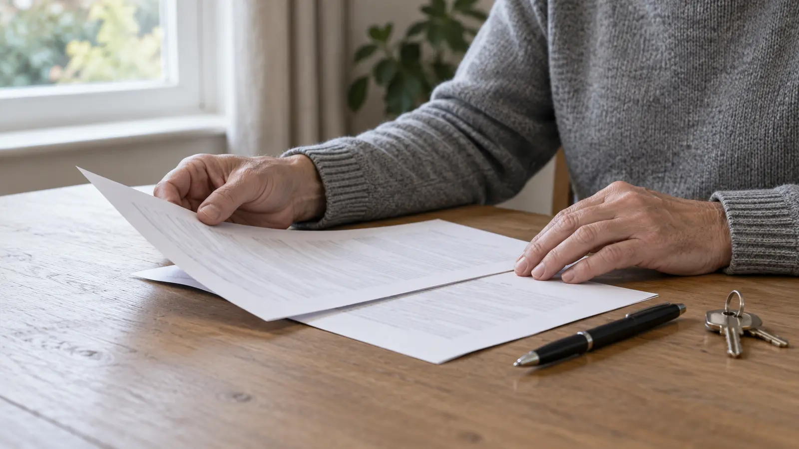 close up of mans hands holding documents on a desk with keys next to them.