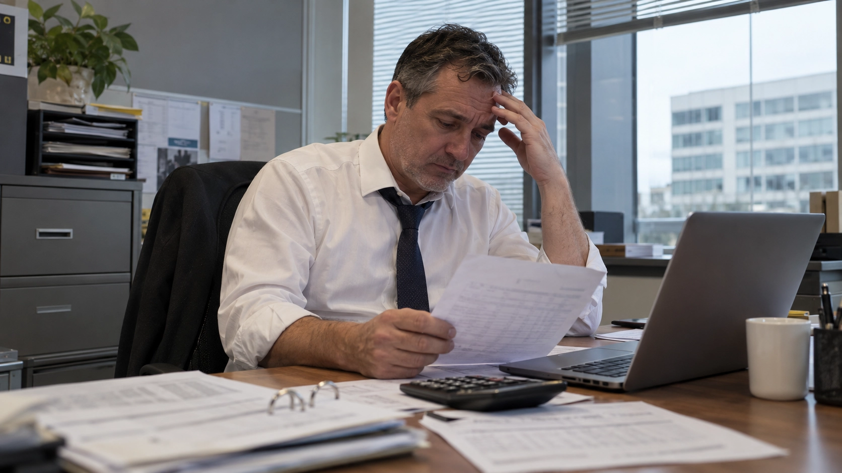 man in shirt and tie sat at a desk looking disappointed while reading over documents in an office.