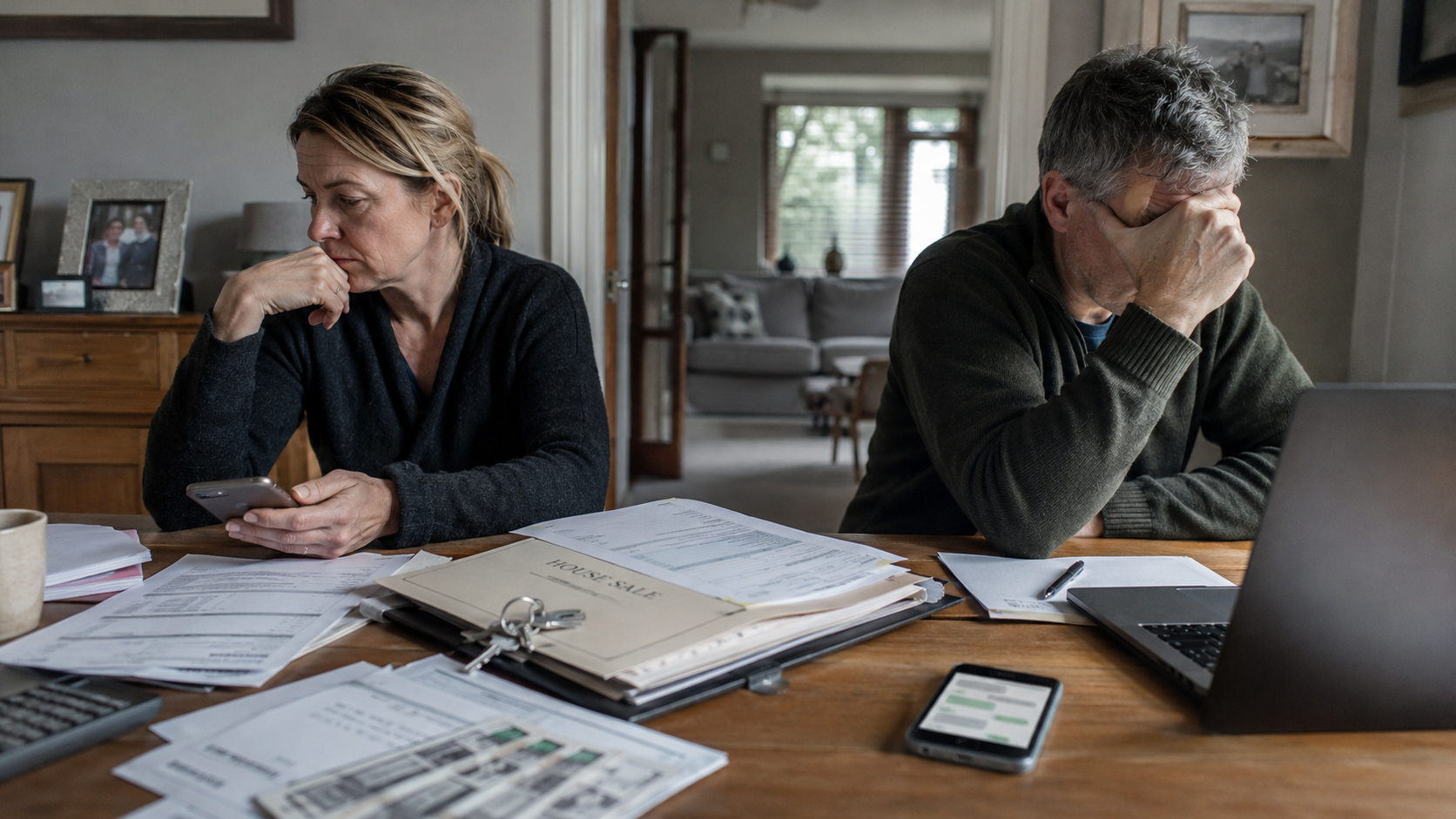 a stressed out man and woman sat next to each other at a desk looking worried