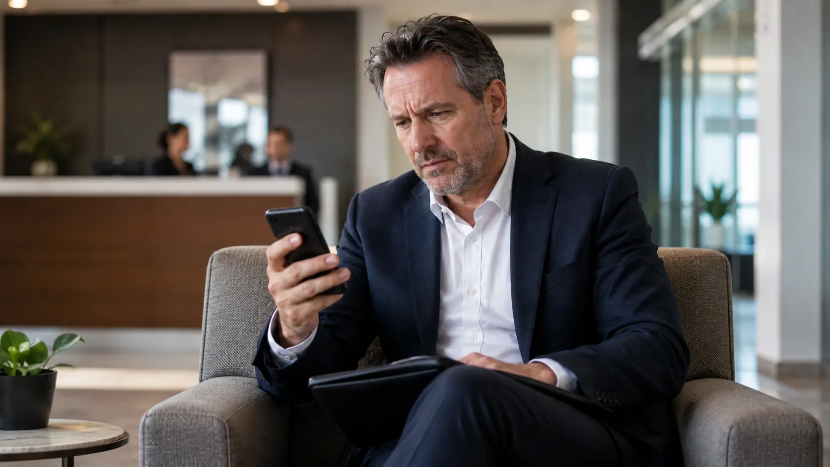 middle aged male lawyer in suit looking at his mobile phone