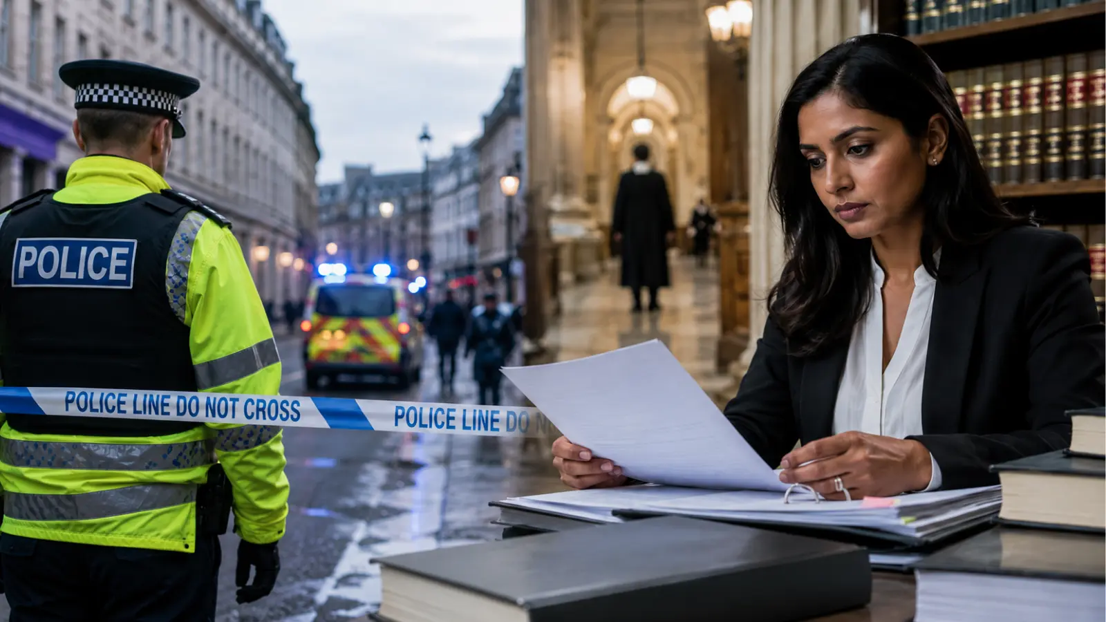 police officer at crime scene and female barrister look at case work files
