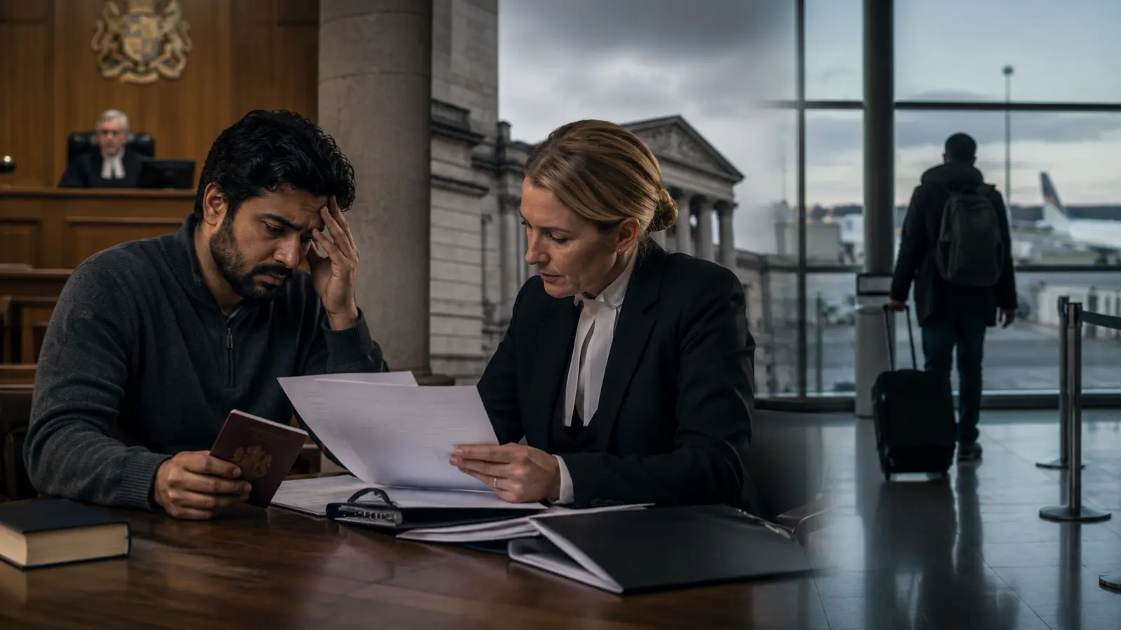 Immigrant sat with head in hands speaking to his barrister