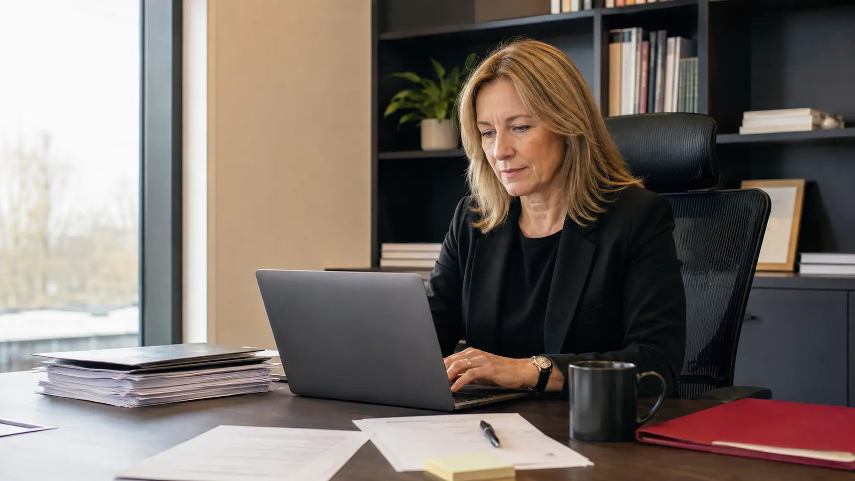middle aged female lawyer sat at desk inher office looking at her laptop